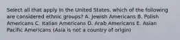 Select all that apply In the United States, which of the following are considered ethnic groups? A. Jewish Americans B. Polish Americans C. Italian Americans D. Arab Americans E. Asian Pacific Americans (Asia is not a country of origin)