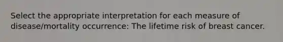 Select the appropriate interpretation for each measure of disease/mortality occurrence: The lifetime risk of breast cancer.