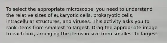 To select the appropriate microscope, you need to understand the relative sizes of eukaryotic cells, prokaryotic cells, intracellular structures, and viruses. This activity asks you to rank items from smallest to largest. Drag the appropriate image to each box, arranging the items in size from smallest to largest.