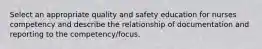 Select an appropriate quality and safety education for nurses competency and describe the relationship of documentation and reporting to the competency/focus.