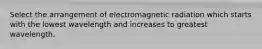 Select the arrangement of electromagnetic radiation which starts with the lowest wavelength and increases to greatest wavelength.