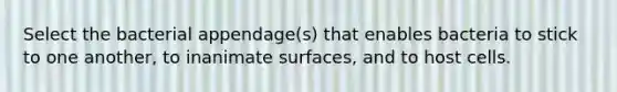 Select the bacterial appendage(s) that enables bacteria to stick to one another, to inanimate surfaces, and to host cells.