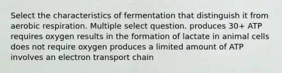 Select the characteristics of fermentation that distinguish it from <a href='https://www.questionai.com/knowledge/kyxGdbadrV-aerobic-respiration' class='anchor-knowledge'>aerobic respiration</a>. Multiple select question. produces 30+ ATP requires oxygen results in the formation of lactate in animal cells does not require oxygen produces a limited amount of ATP involves an electron transport chain