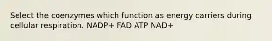 Select the coenzymes which function as energy carriers during <a href='https://www.questionai.com/knowledge/k1IqNYBAJw-cellular-respiration' class='anchor-knowledge'>cellular respiration</a>. NADP+ FAD ATP NAD+