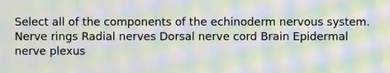 Select all of the components of the echinoderm nervous system. Nerve rings Radial nerves Dorsal nerve cord Brain Epidermal nerve plexus