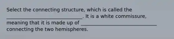 Select the connecting structure, which is called the _______________________________. It is a white commissure, meaning that it is made up of _______________________________ connecting the two hemispheres.