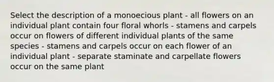 Select the description of a monoecious plant - all flowers on an individual plant contain four floral whorls - stamens and carpels occur on flowers of different individual plants of the same species - stamens and carpels occur on each flower of an individual plant - separate staminate and carpellate flowers occur on the same plant