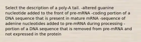 Select the description of a poly-A tail. -altered guanine nucleotide added to the front of pre-mRNA -coding portion of a DNA sequence that is present in mature mRNA -sequence of adenine nucleotides added to pre-mRNA during processing -portion of a DNA sequence that is removed from pre-mRNA and not expressed in the protein