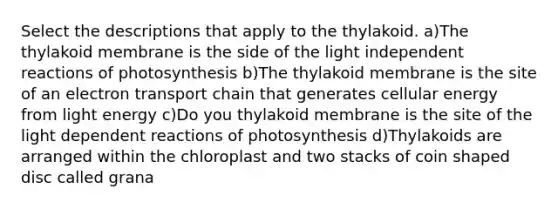 Select the descriptions that apply to the thylakoid. a)The thylakoid membrane is the side of the light independent reactions of photosynthesis b)The thylakoid membrane is the site of an electron transport chain that generates cellular energy from light energy c)Do you thylakoid membrane is the site of the light dependent reactions of photosynthesis d)Thylakoids are arranged within the chloroplast and two stacks of coin shaped disc called grana