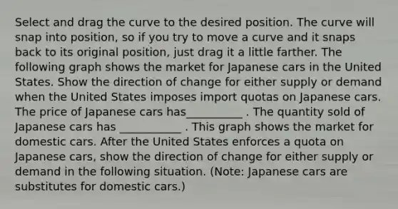 Select and drag the curve to the desired position. The curve will snap into position, so if you try to move a curve and it snaps back to its original position, just drag it a little farther. The following graph shows the market for Japanese cars in the United States. Show the direction of change for either supply or demand when the United States imposes import quotas on Japanese cars. The price of Japanese cars has__________ . The quantity sold of Japanese cars has ___________ . This graph shows the market for domestic cars. After the United States enforces a quota on Japanese cars, show the direction of change for either supply or demand in the following situation. (Note: Japanese cars are substitutes for domestic cars.)