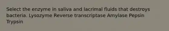 Select the enzyme in saliva and lacrimal fluids that destroys bacteria. Lysozyme Reverse transcriptase Amylase Pepsin Trypsin