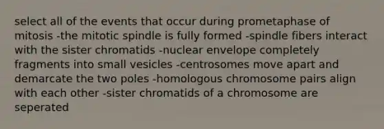 select all of the events that occur during prometaphase of mitosis -the mitotic spindle is fully formed -spindle fibers interact with the sister chromatids -nuclear envelope completely fragments into small vesicles -centrosomes move apart and demarcate the two poles -homologous chromosome pairs align with each other -sister chromatids of a chromosome are seperated