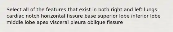 Select all of the features that exist in both right and left lungs: cardiac notch horizontal fissure base superior lobe inferior lobe middle lobe apex visceral pleura oblique fissure