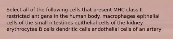 Select all of the following cells that present MHC class II restricted antigens in the human body. macrophages epithelial cells of the small intestines epithelial cells of the kidney erythrocytes B cells dendritic cells endothelial cells of an artery