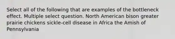 Select all of the following that are examples of the bottleneck effect. Multiple select question. North American bison greater prairie chickens sickle-cell disease in Africa the Amish of Pennsylvania