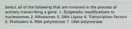 Select all of the following that are involved in the process of actively transcribing a gene. 1. Epigenetic modifications to nucleosomes 2. Ribosomes 3. DNA Ligase 4. Transcription Factors 5. Promoters 6. RNA polymerase 7. DNA polymerase