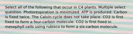 Select all of the following that occur in C4 plants. Multiple select question. Photorespiration is minimized. ATP is produced. Carbon is fixed twice. The Calvin cycle does not take place. CO2 is first fixed to form a four-carbon molecule. CO2 is first fixed in mesophyll cells using rubisco to form a six-carbon molecule.