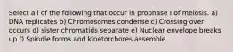 Select all of the following that occur in prophase I of meiosis. a) DNA replicates b) Chromosomes condense c) Crossing over occurs d) sister chromatids separate e) Nuclear envelope breaks up f) Spindle forms and kinetorchores assemble