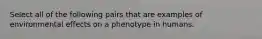 Select all of the following pairs that are examples of environmental effects on a phenotype in humans.