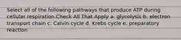 Select all of the following pathways that produce ATP during cellular respiration.Check All That Apply a. glycolysis b. electron transport chain c. Calvin cycle d. Krebs cycle e. preparatory reaction