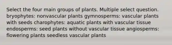 Select the four main groups of plants. Multiple select question. bryophytes: nonvascular plants gymnosperms: vascular plants with seeds charophytes: aquatic plants with vascular tissue endosperms: seed plants without vascular tissue angiosperms: flowering plants seedless vascular plants