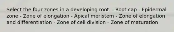 Select the four zones in a developing root. - Root cap - Epidermal zone - Zone of elongation - Apical meristem - Zone of elongation and differentiation - Zone of cell division - Zone of maturation