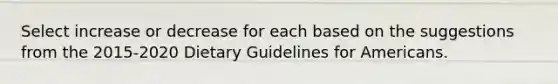 Select increase or decrease for each based on the suggestions from the 2015-2020 Dietary Guidelines for Americans.