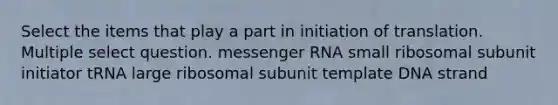 Select the items that play a part in initiation of translation. Multiple select question. messenger RNA small ribosomal subunit initiator tRNA large ribosomal subunit template DNA strand