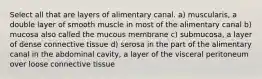 Select all that are layers of alimentary canal. a) muscularis, a double layer of smooth muscle in most of the alimentary canal b) mucosa also called the mucous membrane c) submucosa, a layer of dense connective tissue d) serosa in the part of the alimentary canal in the abdominal cavity, a layer of the visceral peritoneum over loose connective tissue