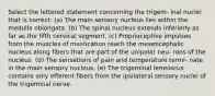 Select the lettered statement concerning the trigem- inal nuclei that is correct: (a) The main sensory nucleus lies within the medulla oblongata. (b) The spinal nucleus extends inferiorly as far as the fifth cervical segment. (c) Proprioceptive impulses from the muscles of mastication reach the mesencephalic nucleus along fibers that are part of the unipolar neu- rons of the nucleus. (d) The sensations of pain and temperature termi- nate in the main sensory nucleus. (e) The trigeminal lemniscus contains only efferent fibers from the ipsilateral sensory nuclei of the trigeminal nerve.