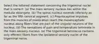 Select the lettered statement concerning the trigeminal nuclei that is correct: (a) The main sensory nucleus lies within the medulla oblongata. (b) The spinal nucleus extends inferiorly as far as the fifth cervical segment. (c) Proprioceptive impulses from the muscles of mastication reach the mesencephalic nucleus along fibers that are part of the unipolar neurons of the nucleus. (d) The sensations of pain and temperature terminate in the main sensory nucleus. (e) The trigeminal lemniscus contains only efferent fibers from the ipsilateral sensory nuclei of the trigeminal nerve.