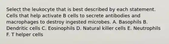 Select the leukocyte that is best described by each statement. Cells that help activate B cells to secrete antibodies and macrophages to destroy ingested microbes. A. Basophils B. Dendritic cells C. Eosinophils D. Natural killer cells E. Neutrophils F. T helper cells