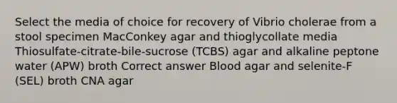 Select the media of choice for recovery of Vibrio cholerae from a stool specimen MacConkey agar and thioglycollate media Thiosulfate-citrate-bile-sucrose (TCBS) agar and alkaline peptone water (APW) broth Correct answer Blood agar and selenite-F (SEL) broth CNA agar