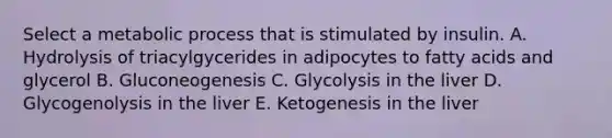 Select a metabolic process that is stimulated by insulin. A. Hydrolysis of triacylgycerides in adipocytes to fatty acids and glycerol B. Gluconeogenesis C. Glycolysis in the liver D. Glycogenolysis in the liver E. Ketogenesis in the liver