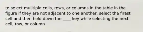 to select mulitiple cells, rows, or columns in the table in the figure if they are not adjacent to one another, select the firast cell and then hold down the ____ key while selecting the next cell, row, or column