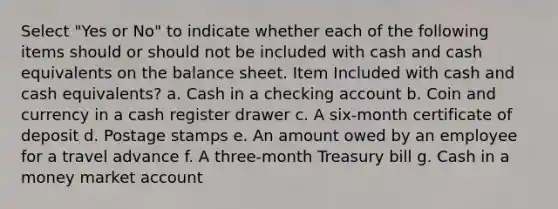 Select "Yes or No" to indicate whether each of the following items should or should not be included with cash and cash equivalents on the balance sheet. Item Included with cash and cash equivalents? a. Cash in a checking account b. Coin and currency in a cash register drawer c. A six-month certificate of deposit d. Postage stamps e. An amount owed by an employee for a travel advance f. A three-month Treasury bill g. Cash in a money market account