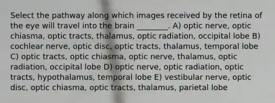 Select the pathway along which images received by the retina of the eye will travel into the brain ________. A) optic nerve, optic chiasma, optic tracts, thalamus, optic radiation, occipital lobe B) cochlear nerve, optic disc, optic tracts, thalamus, temporal lobe C) optic tracts, optic chiasma, optic nerve, thalamus, optic radiation, occipital lobe D) optic nerve, optic radiation, optic tracts, hypothalamus, temporal lobe E) vestibular nerve, optic disc, optic chiasma, optic tracts, thalamus, parietal lobe