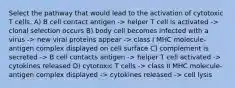 Select the pathway that would lead to the activation of cytotoxic T cells. A) B cell contact antigen -> helper T cell is activated -> clonal selection occurs B) body cell becomes infected with a virus -> new viral proteins appear -> class I MHC molecule-antigen complex displayed on cell surface C) complement is secreted -> B cell contacts antigen -> helper T cell activated -> cytokines released D) cytotoxic T cells -> class II MHC molecule-antigen complex displayed -> cytokines released -> cell lysis