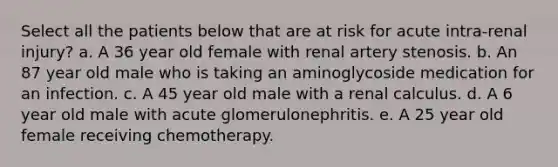 Select all the patients below that are at risk for acute intra-renal injury? a. A 36 year old female with renal artery stenosis. b. An 87 year old male who is taking an aminoglycoside medication for an infection. c. A 45 year old male with a renal calculus. d. A 6 year old male with acute glomerulonephritis. e. A 25 year old female receiving chemotherapy.