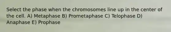 Select the phase when the chromosomes line up in the center of the cell. A) Metaphase B) Prometaphase C) Telophase D) Anaphase E) Prophase