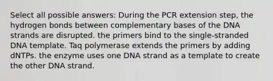 Select all possible answers: During the PCR extension step, the hydrogen bonds between complementary bases of the DNA strands are disrupted. the primers bind to the single-stranded DNA template. Taq polymerase extends the primers by adding dNTPs. the enzyme uses one DNA strand as a template to create the other DNA strand.