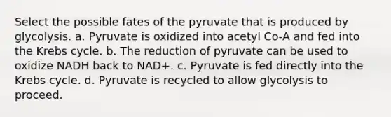 Select the possible fates of the pyruvate that is produced by glycolysis. a. Pyruvate is oxidized into acetyl Co-A and fed into the Krebs cycle. b. The reduction of pyruvate can be used to oxidize NADH back to NAD+. c. Pyruvate is fed directly into the Krebs cycle. d. Pyruvate is recycled to allow glycolysis to proceed.