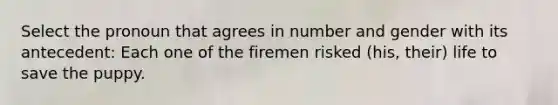 Select the pronoun that agrees in number and gender with its antecedent: Each one of the firemen risked (his, their) life to save the puppy.