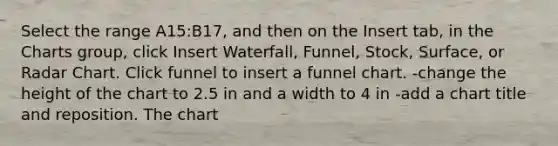 Select the range A15:B17, and then on the Insert tab, in the Charts group, click Insert Waterfall, Funnel, Stock, Surface, or Radar Chart. Click funnel to insert a funnel chart. -change the height of the chart to 2.5 in and a width to 4 in -add a chart title and reposition. The chart