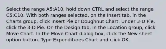 Select the range A5:A10, hold down CTRL and select the range C5:C10. With both ranges selected, on the Insert tab, in the Charts group, click Insert Pie or Doughnut Chart. Under 3-D Pie, click the 3-D Pie. On the Design tab, in the Location group, click Move Chart. In the Move Chart dialog box, click the New sheet option button. Type Expenditures Chart and click OK.