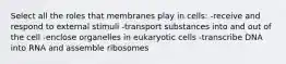 Select all the roles that membranes play in cells: -receive and respond to external stimuli -transport substances into and out of the cell -enclose organelles in eukaryotic cells -transcribe DNA into RNA and assemble ribosomes