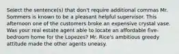 Select the sentence(s) that don't require additional commas Mr. Sommers is known to be a pleasant helpful supervisor. This afternoon one of the customers broke an expensive crystal vase. Was your real estate agent able to locate an affordable five-bedroom home for the Lopezes? Mr. Rice's ambitious greedy attitude made the other agents uneasy.