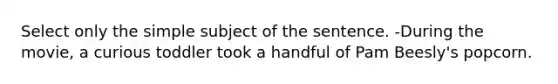 Select only the simple subject of the sentence. -During the movie, a curious toddler took a handful of Pam Beesly's popcorn.