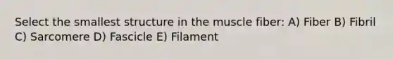 Select the smallest structure in the muscle fiber: A) Fiber B) Fibril C) Sarcomere D) Fascicle E) Filament