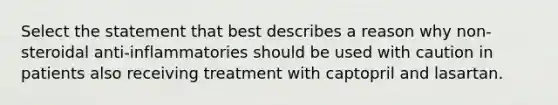 Select the statement that best describes a reason why non-steroidal anti-inflammatories should be used with caution in patients also receiving treatment with captopril and lasartan.